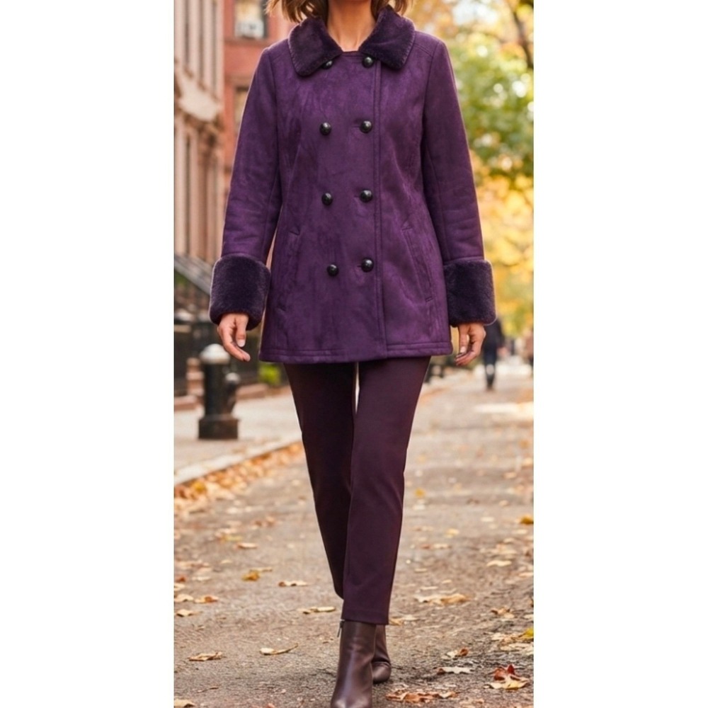 Women Purple Faux Suede Fur Trim Double Breasted Pea Coat Boho Retro Mobwife L